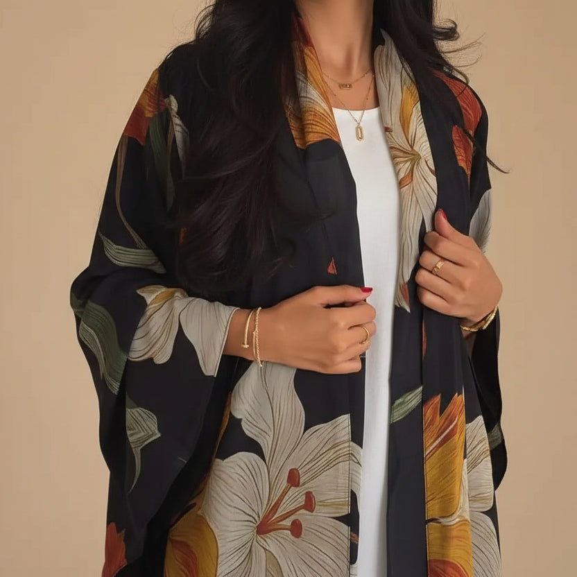 With Matching Hijab Printed Cardigan Open Abaya Dress For Muslim Women #25238