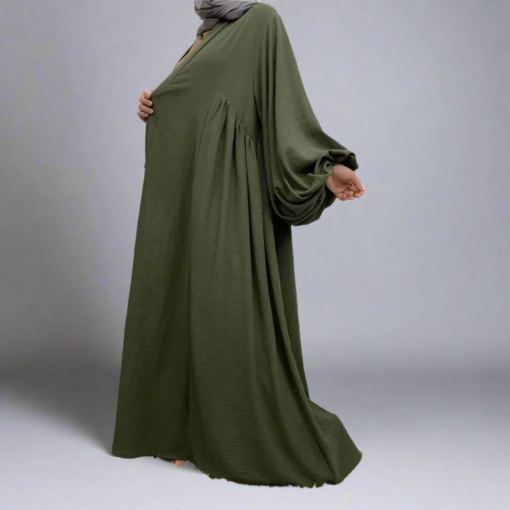 Elastic Puff Sleeve Muslim Women Cardigan Open Abaya Dress