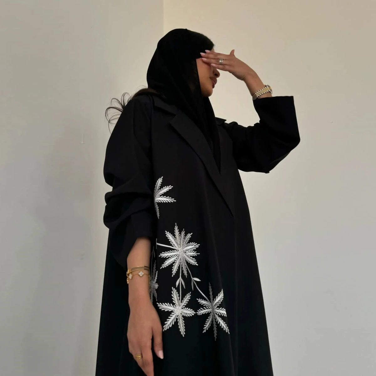 Cardigan Open Abaya Dress - Embroidery - Black - #25196