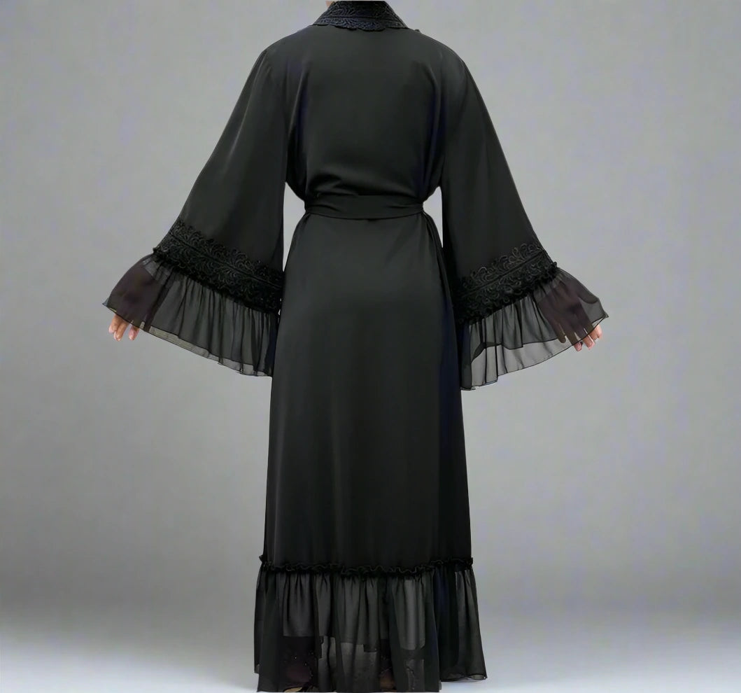 Robe Abaya ouverte brodée de fleurs pour femmes musulmanes