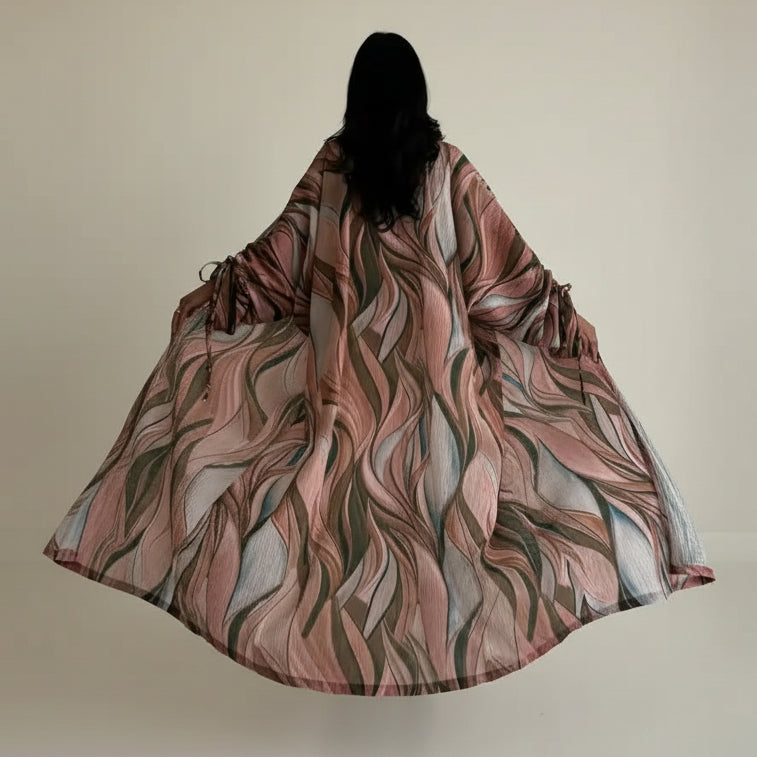 Robe abaya ouverte avec cardigan froissé et cordon de serrage #25207