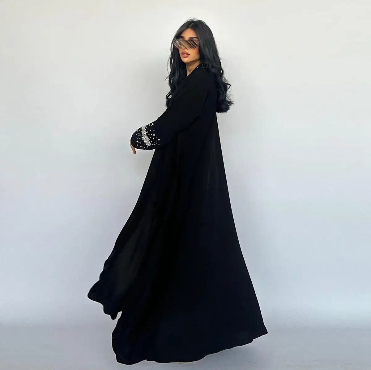 Avec Hijab Hotfix Strass Perles Cardigan Ouvert Robe Abaya