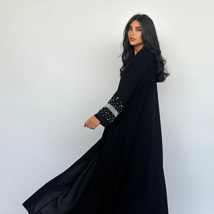 Avec Hijab Hotfix Strass Perles Cardigan Ouvert Robe Abaya