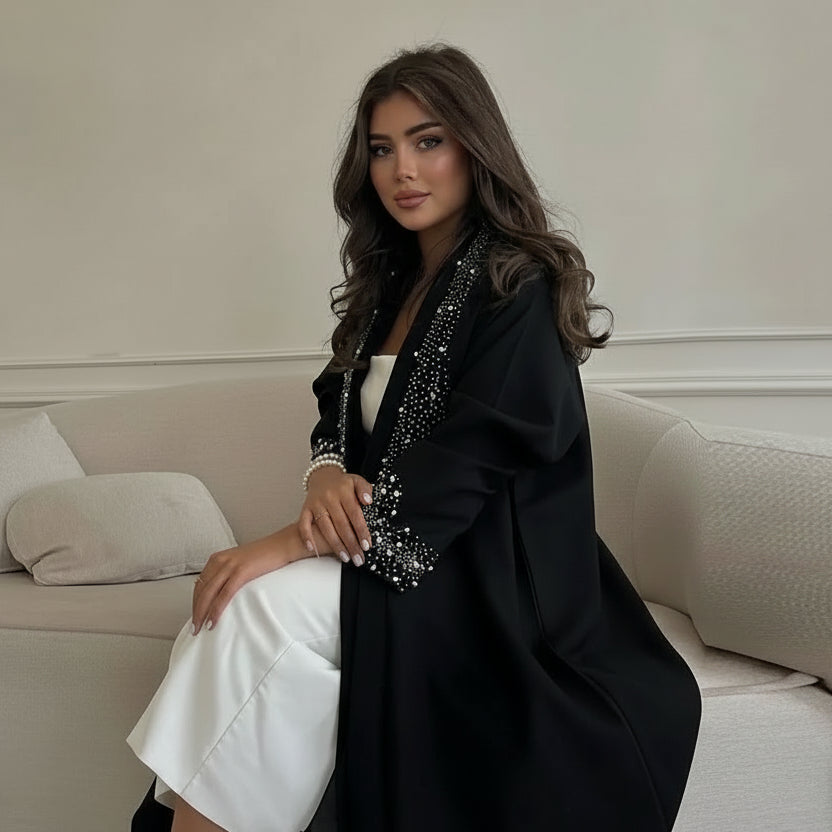 Robe Abaya ouverte avec cardigan en strass Hotfix #24169