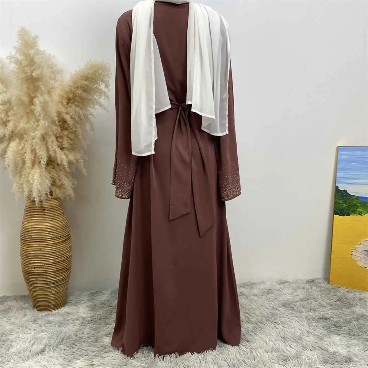 Robe Abaya ouverte Nida avec poche et strass Hotfix