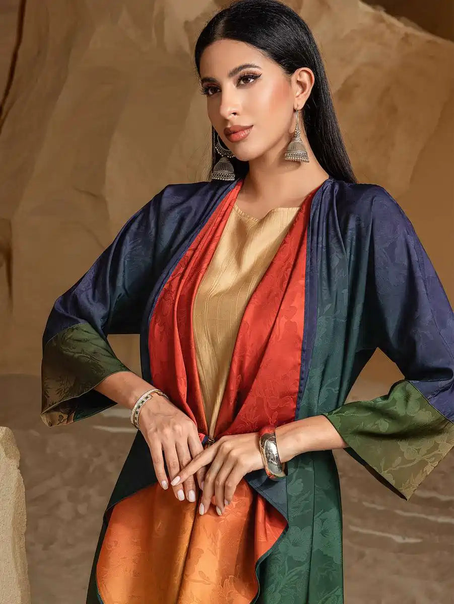 Robe Abaya ouverte en cardigan réversible - Jacquard - Satin dégradé - #255034