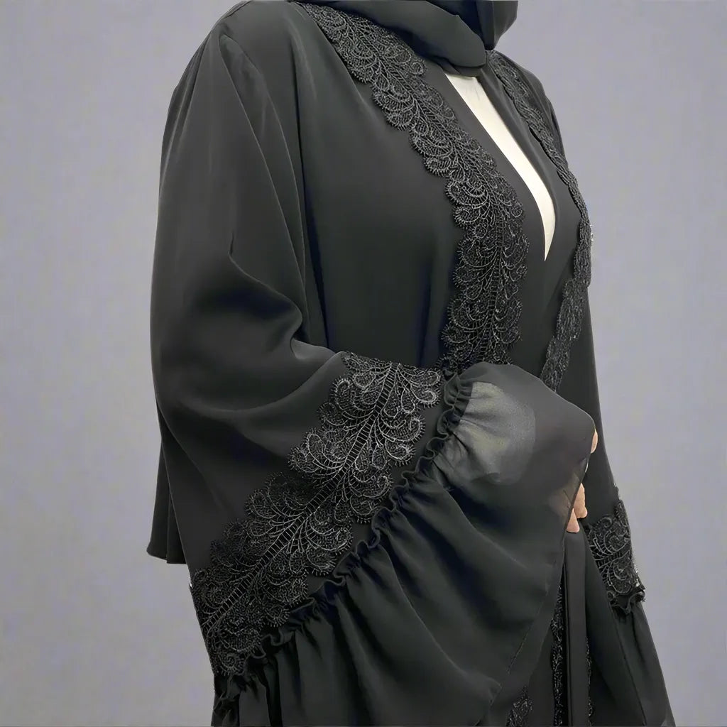 Robe Abaya ouverte brodée de fleurs pour femmes musulmanes