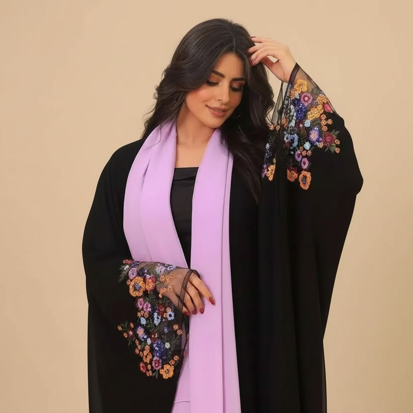 Robe Abaya ouverte à manches fleuries avec hijab #25208