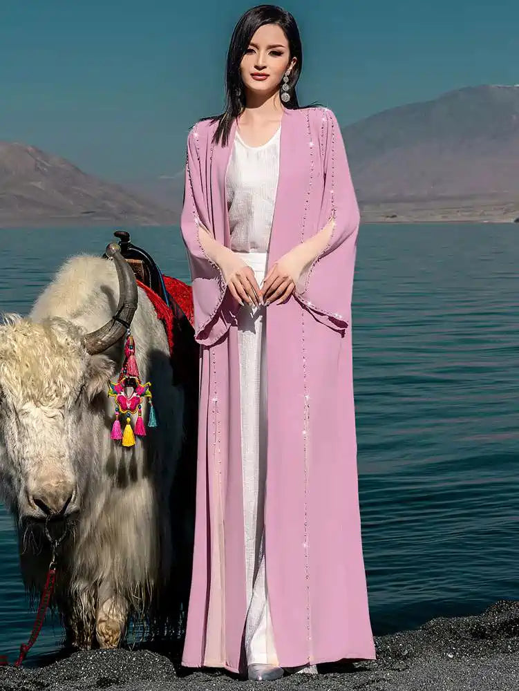 Robe Abaya ouverte en perles de strass cousues à la main #254078