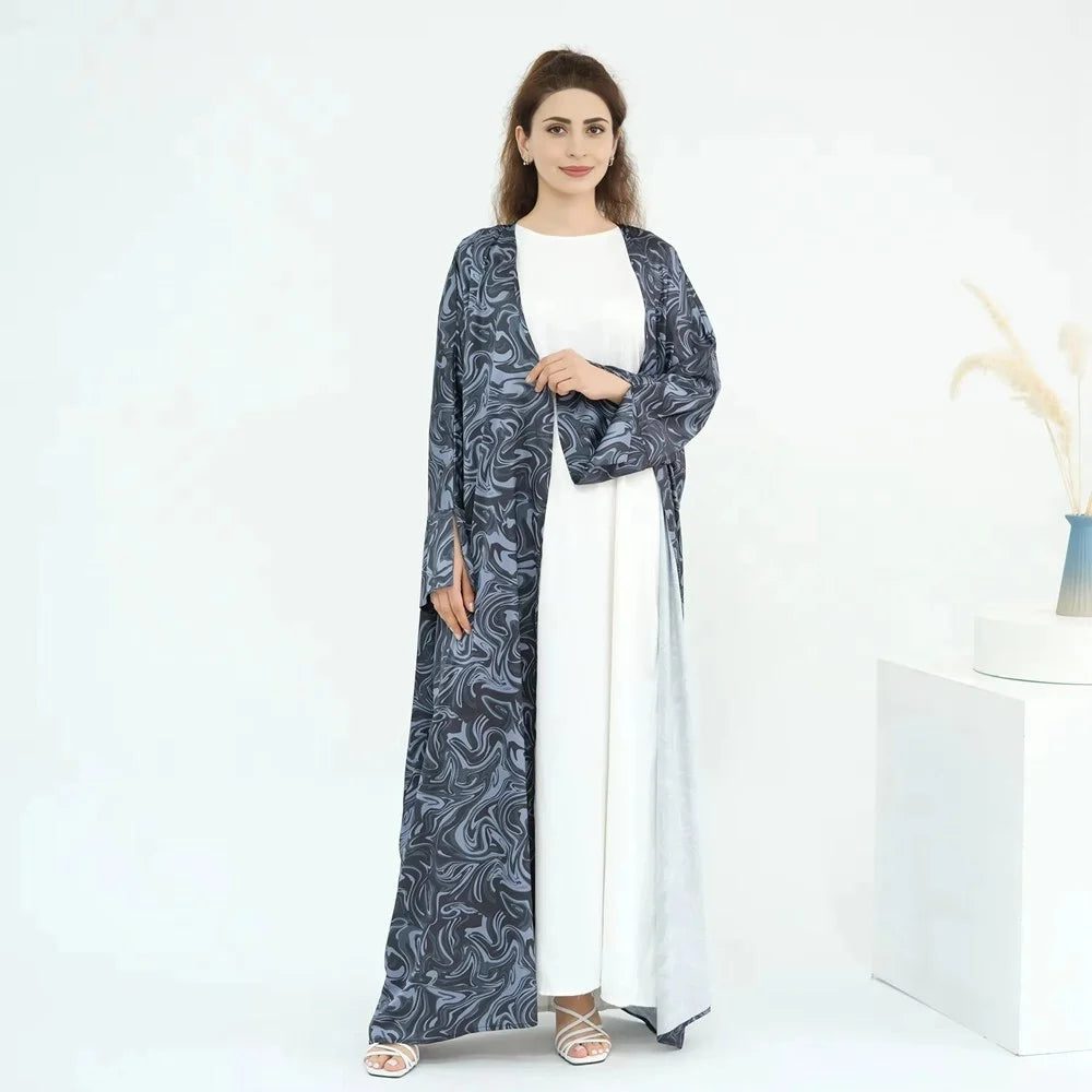 Robe Abaya ouverte en satin imprimé #25976