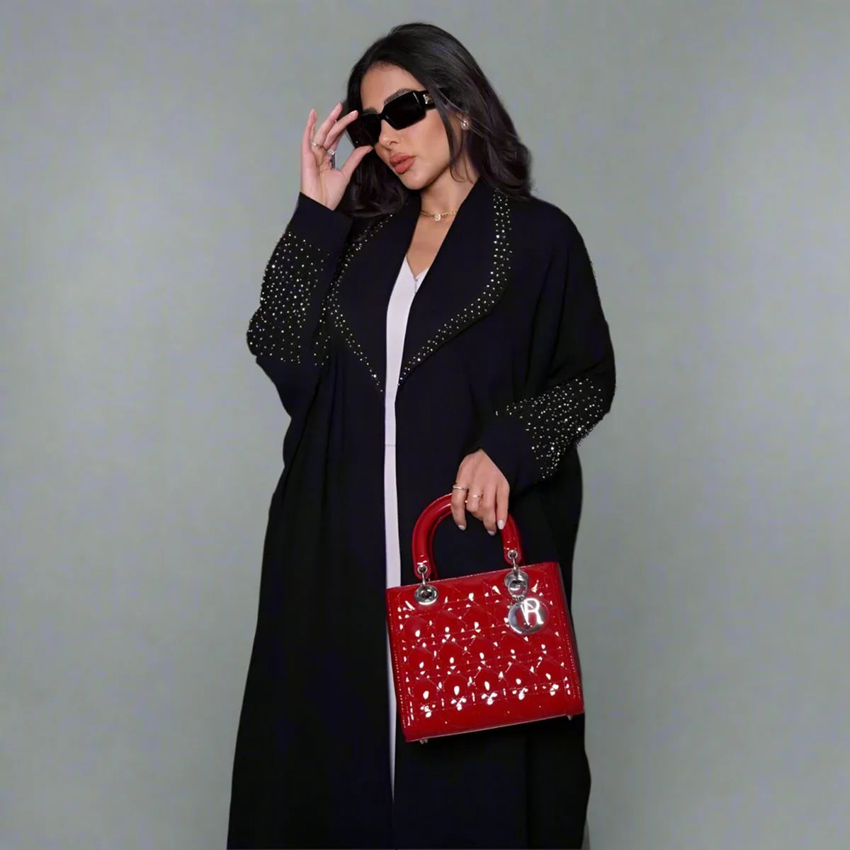 Robe abaya ouverte avec cardigan en strass Hotfix - Noir - #25206