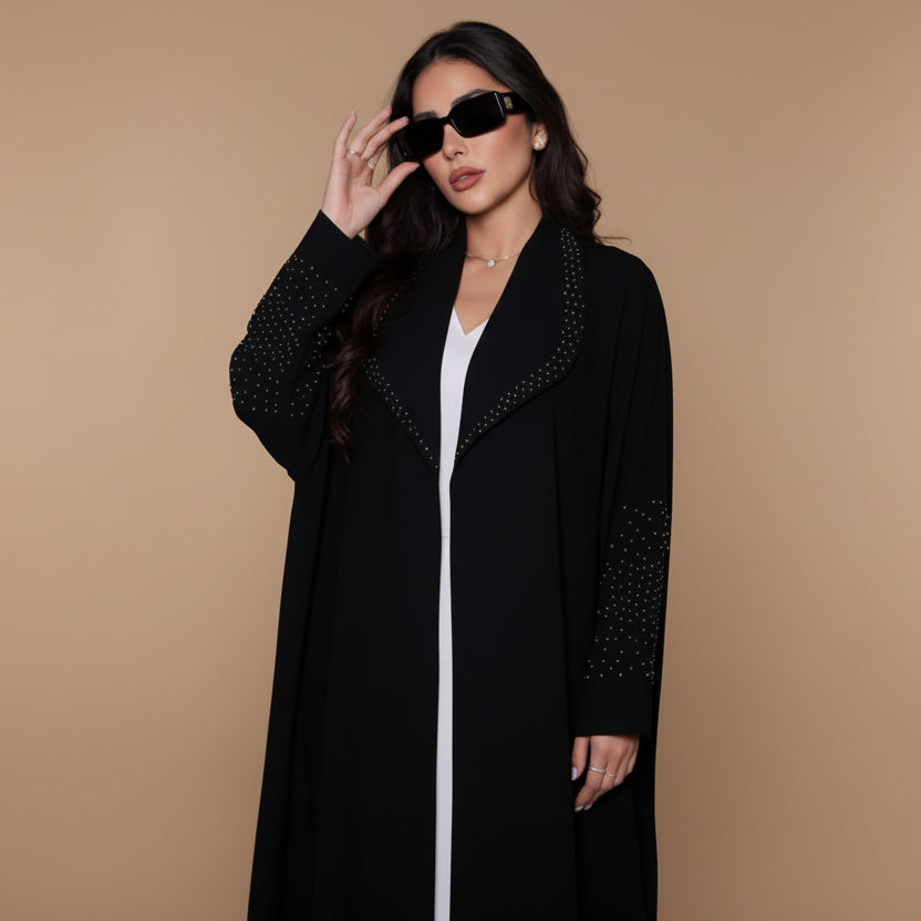 Robe abaya ouverte avec cardigan en strass Hotfix - Noir - #25206