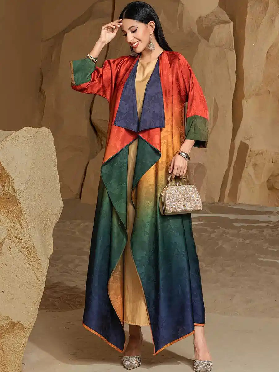 Reversible Cardigan Open Abaya Dress - Jacquard - Gradient Satin - #255034