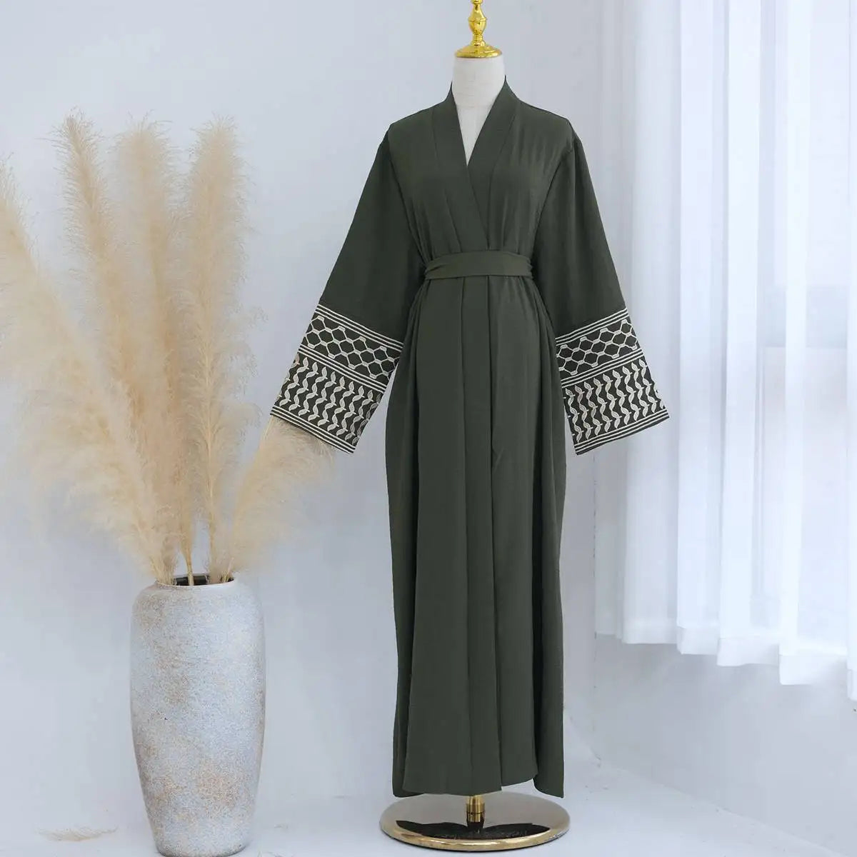 Embroidery Sleeve Muslim Women Open Abaya Dress