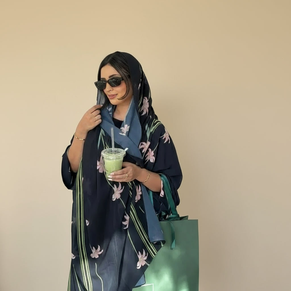 Muslim Women Dubai Printed Cardigan Open Abaya Dress With Matching Hijab #25237