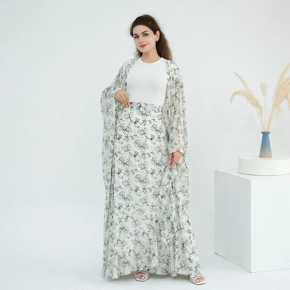 Ensemble 2 pièces en mousseline de soie imprimée, robe abaya ouverte avec jupe #251031