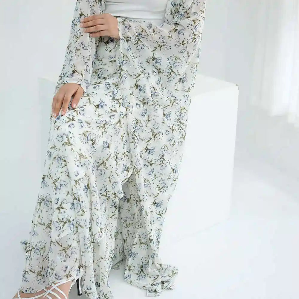 Ensemble 2 pièces en mousseline de soie imprimée, robe abaya ouverte avec jupe #251031