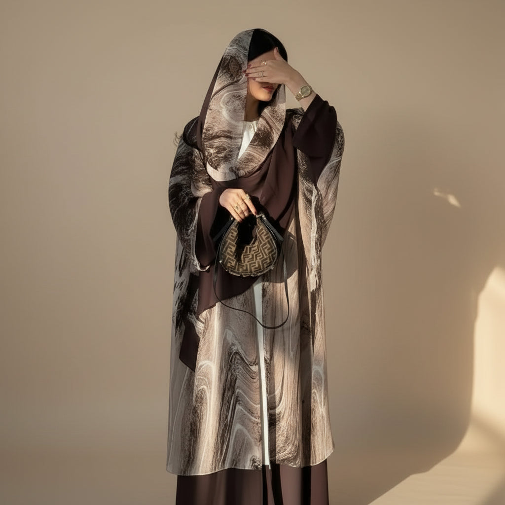 Robe abaya ouverte en mousseline imprimée avec hijab assorti #25222