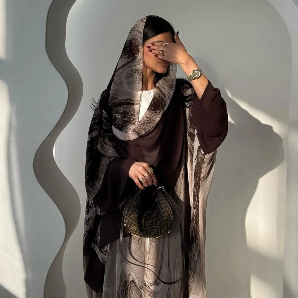 Robe abaya ouverte en mousseline imprimée avec hijab assorti #25222