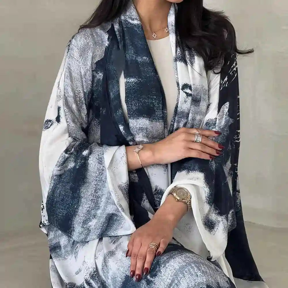 Robe abaya ouverte en mousseline imprimée avec hijab assorti #25228