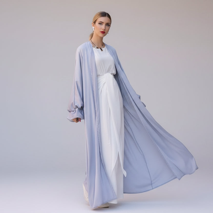 Robe Abaya ouverte en satin à manches bouffantes pour femmes musulmanes