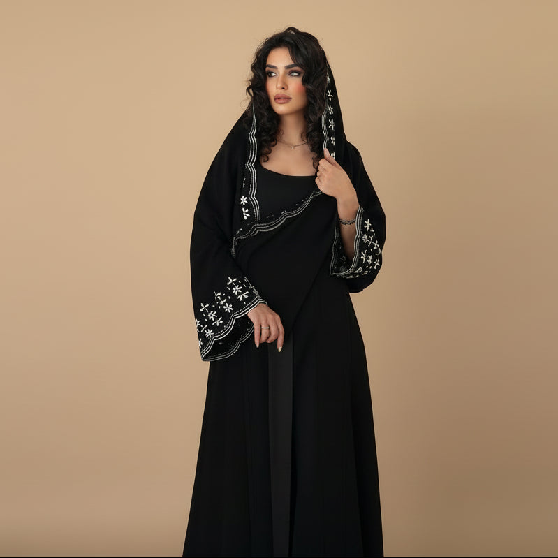 Muslim Women Embroidery Open Abaya Dress With Matching Hijab #26M258