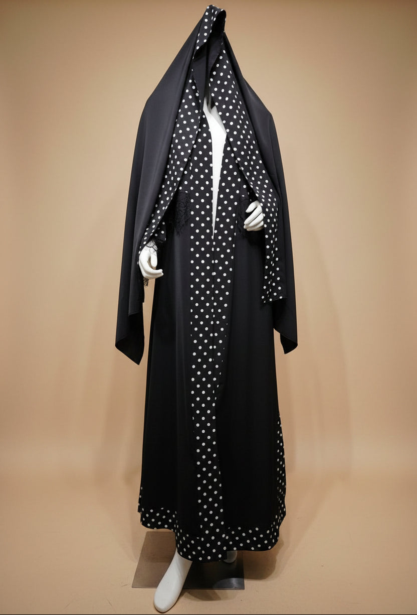 Muslim Women Lace Polka Dot Open Abaya Dress With Matching Hijab #26260