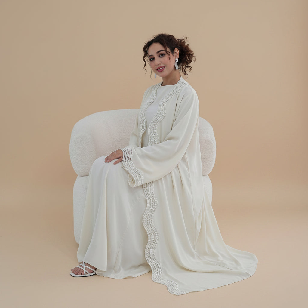 2 Pieces Set Ruffle-trimmed Open Abaya Dress - With Inner Sleevelesss Abaya Dress - #261181