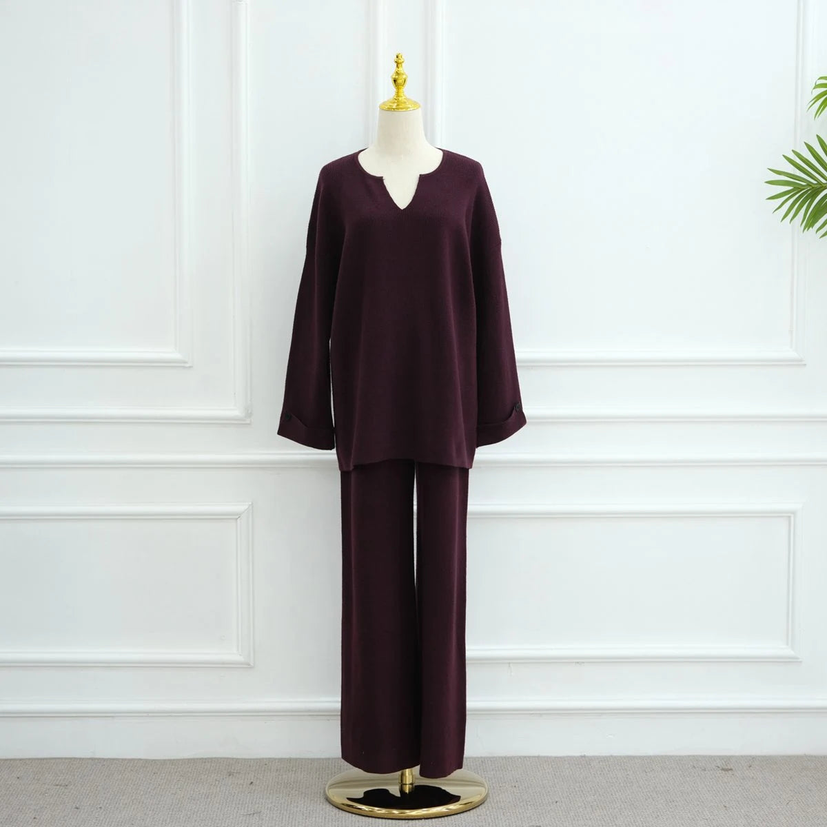 Winter Fall Muslim Women Thick Knitted 2 Pieces Set Tops And Pants Suit Set #25W006