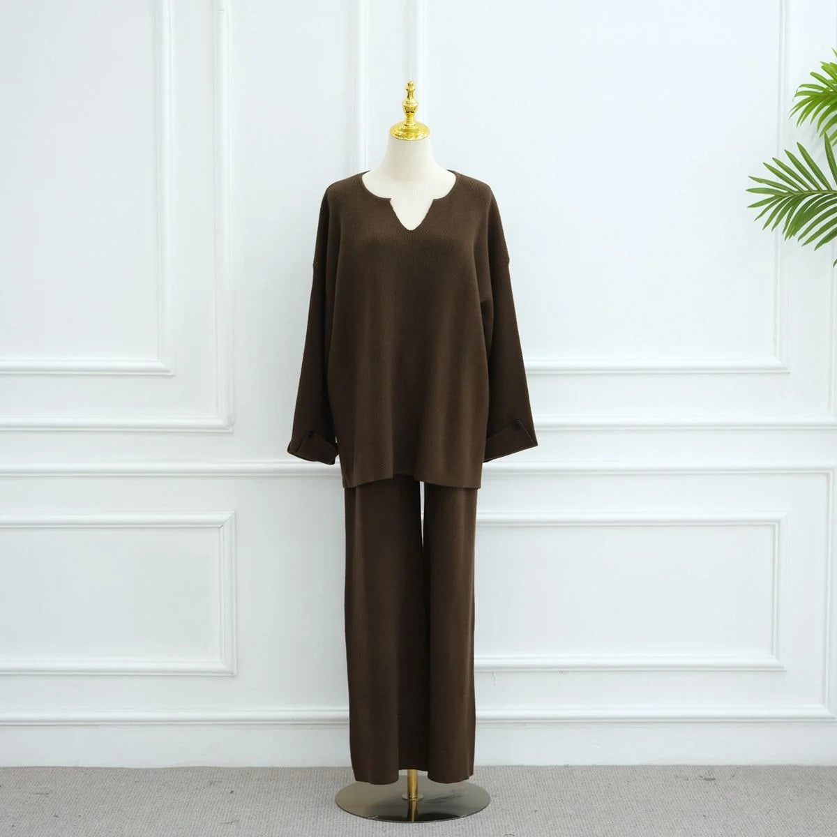 Winter Fall Muslim Women Thick Knitted 2 Pieces Set Tops And Pants Suit Set #25W006