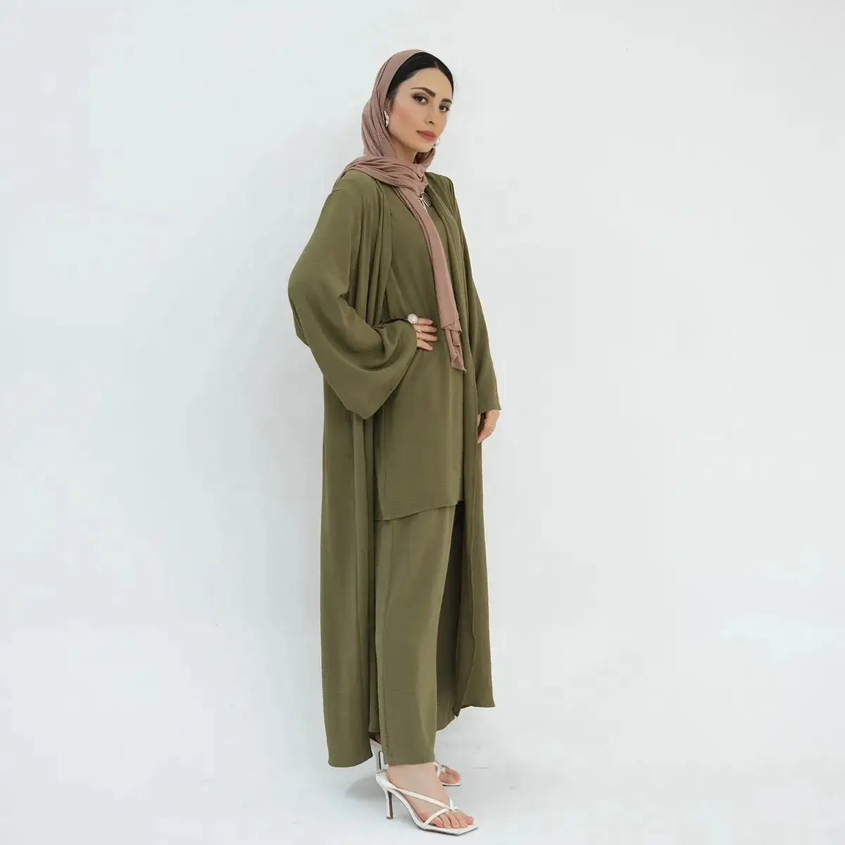 Ensemble 3 pièces haut sans manches et pantalon avec robe abaya ouverte pour femmes musulmanes