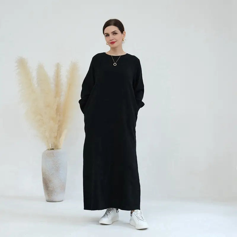 Robe Abaya en tissu sergé de couleur unie pour femme musulmane, tenue d'hiver et d'automne