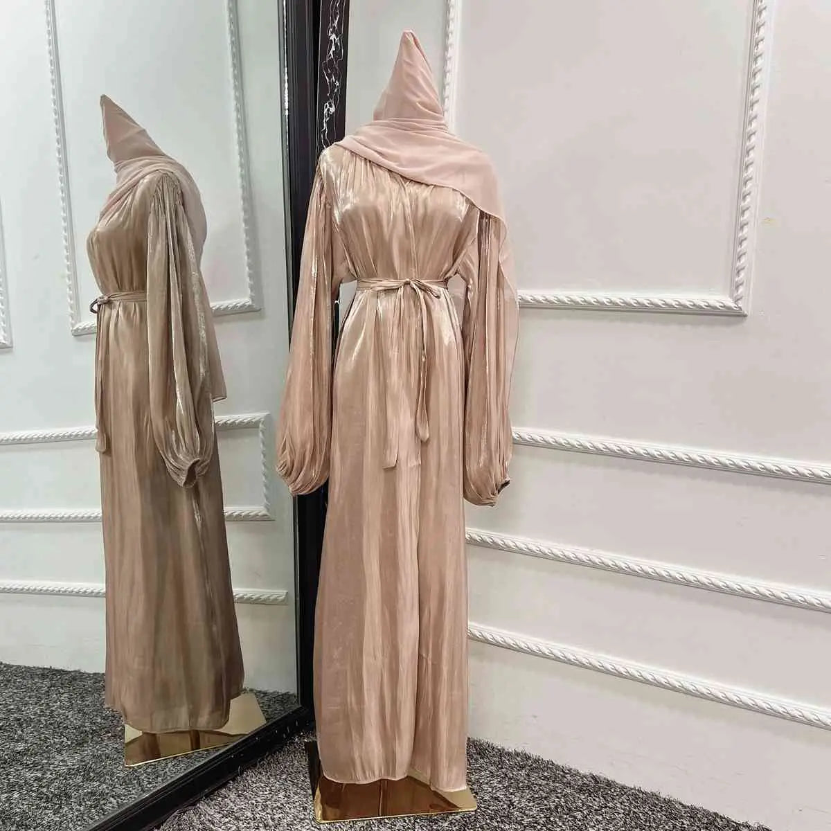 Muslim Dubai Puff Sleeve Open Abaya Dress With Hijab Scarf