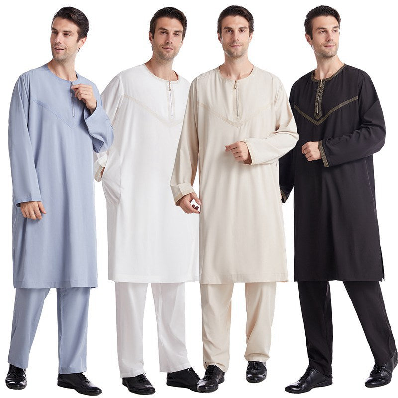 Ensemble Thobe brodé avec pantalon pour homme arabe du Moyen-Orient