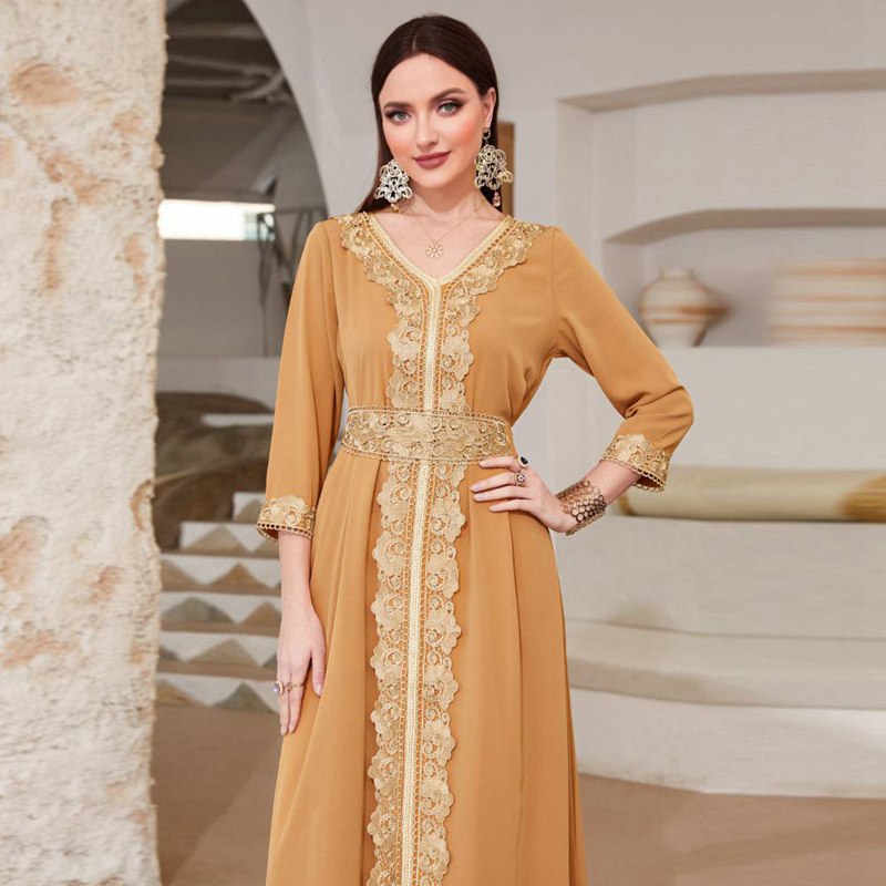 Robe caftan élégante vintage du Moyen-Orient pour femme avec dentelle brodée