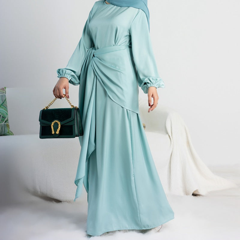 Robe Abaya en satin pour femmes musulmanes avec cache-cœur mi-long