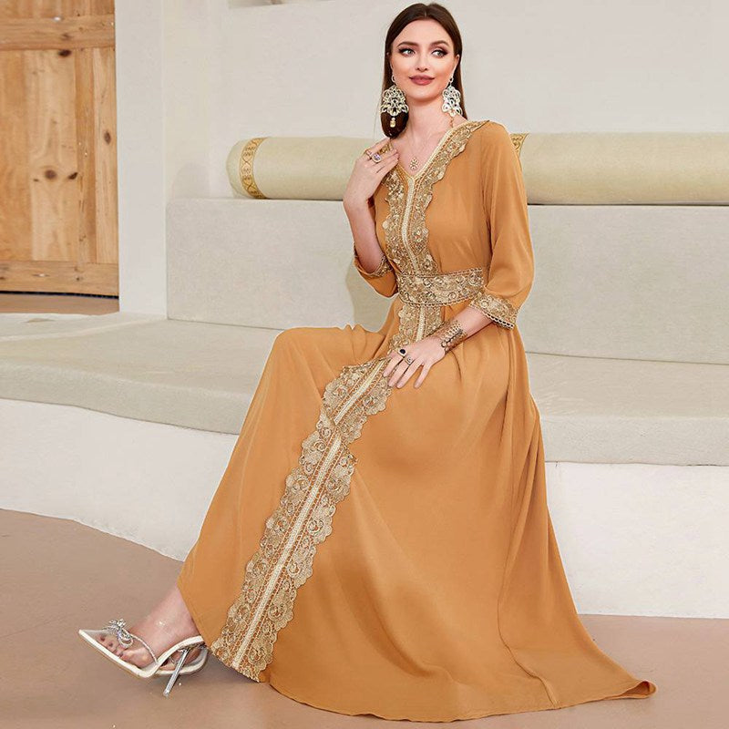 Robe caftan élégante vintage du Moyen-Orient pour femme avec dentelle brodée