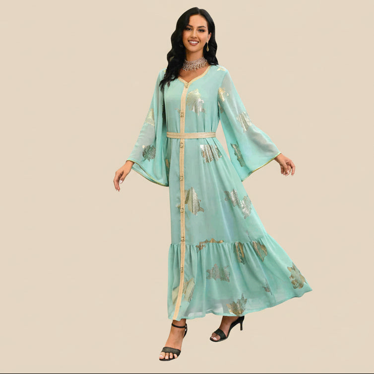 Robe caftan en mousseline de soie bronzante vert moyen pour l'Aïd
