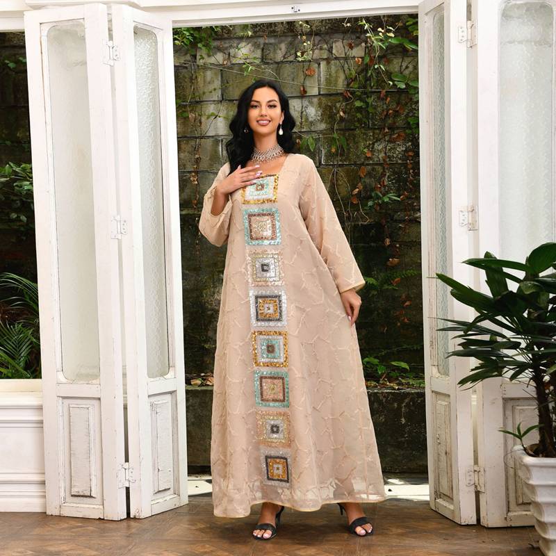 Robe de soirée caftan brodée à paillettes pour femme