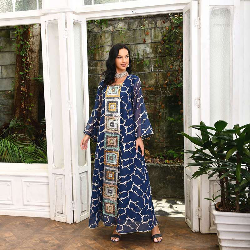Robe de soirée caftan brodée à paillettes pour femme