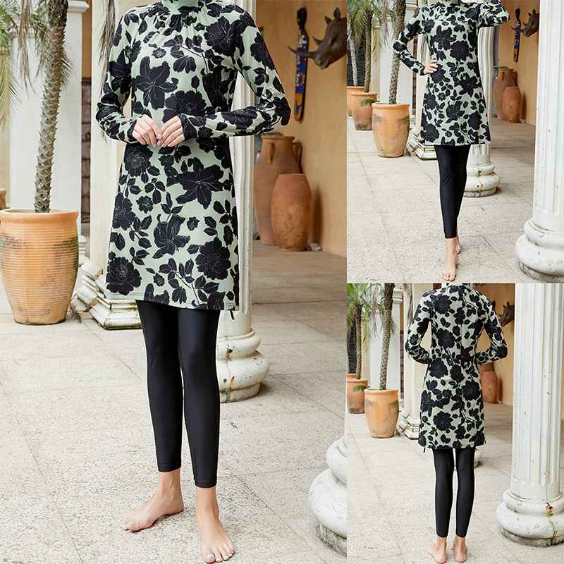 Maillot de bain burkini islamique à imprimé floral, ensemble 3 pièces, pour femmes arabes musulmanes