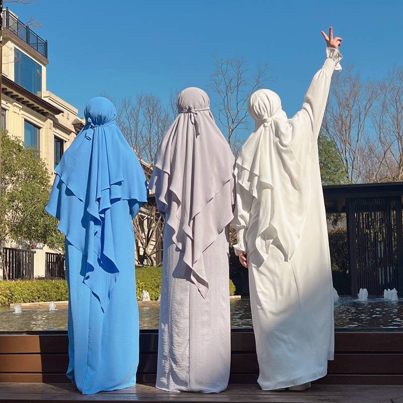 Khimar long en coton mélangé pour femmes musulmanes, deux couches