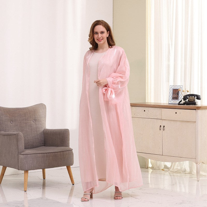Robe longue ouverte en satin à manches bouffantes pour femmes musulmanes