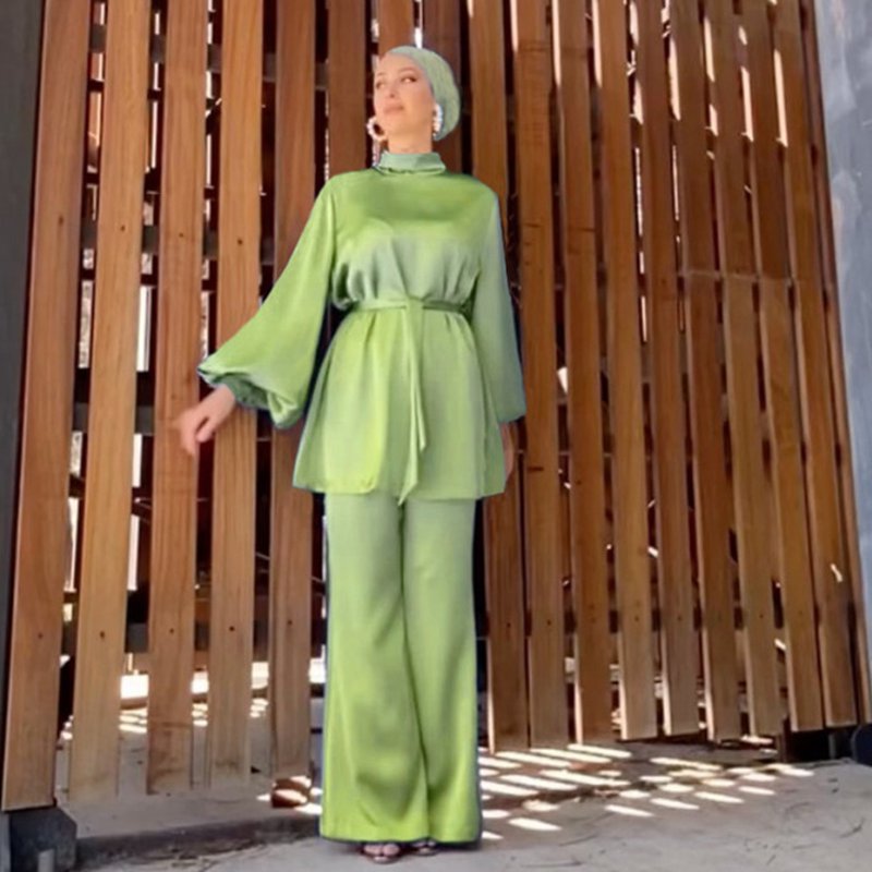 Ensemble de 2 pièces pour femme musulmane, haut et pantalon, tenue de bureau en satin