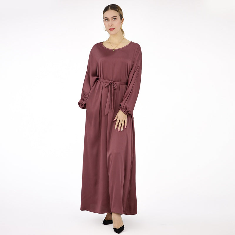 Robe Abaya en satin de couleur unie avec ceinture pour femmes musulmanes