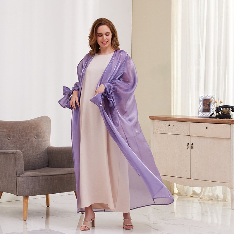 Robe longue ouverte en satin à manches bouffantes pour femmes musulmanes