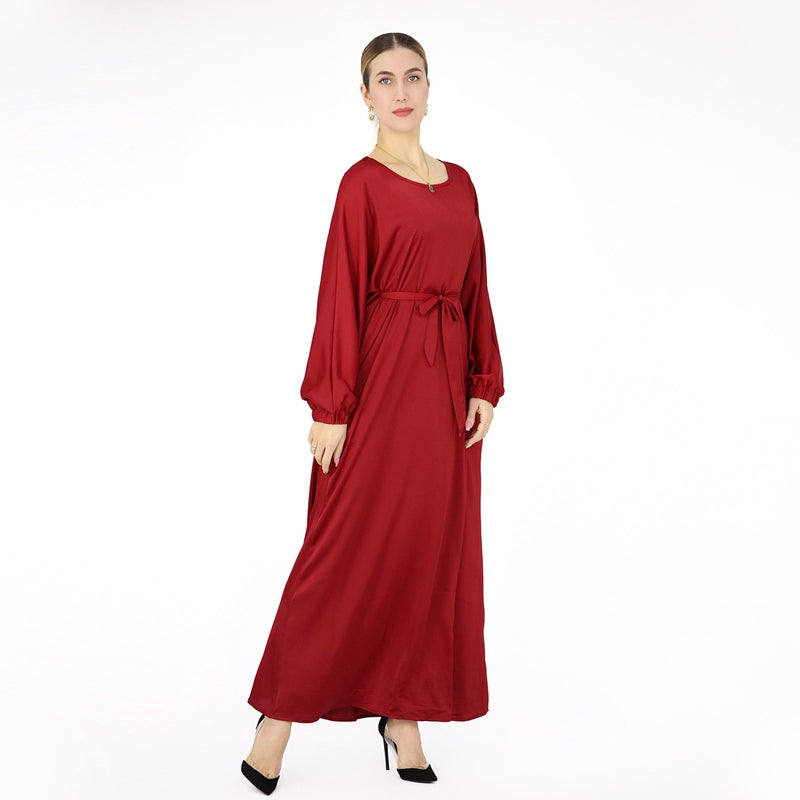 Robe Abaya en satin de couleur unie avec ceinture pour femmes musulmanes