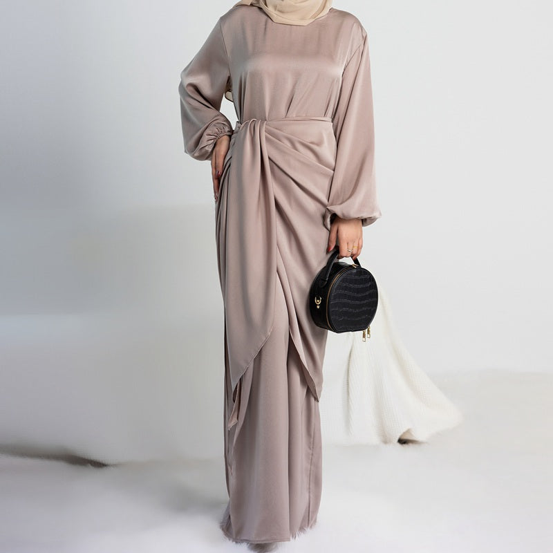 Robe Abaya en satin pour femmes musulmanes avec cache-cœur mi-long