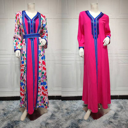 Ensemble 2 pièces Hotfix strass imprimé caftan Jalabiya Kaftan robe avec doublure intérieure robe