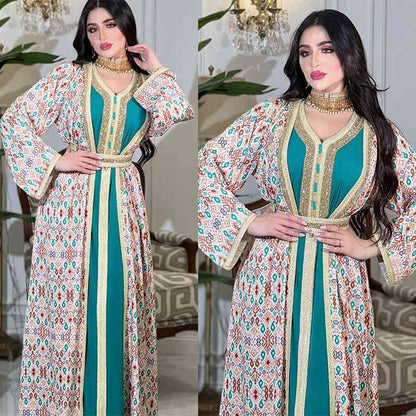 Ensemble 2 pièces Hotfix strass imprimé caftan Jalabiya Kaftan robe avec doublure intérieure robe